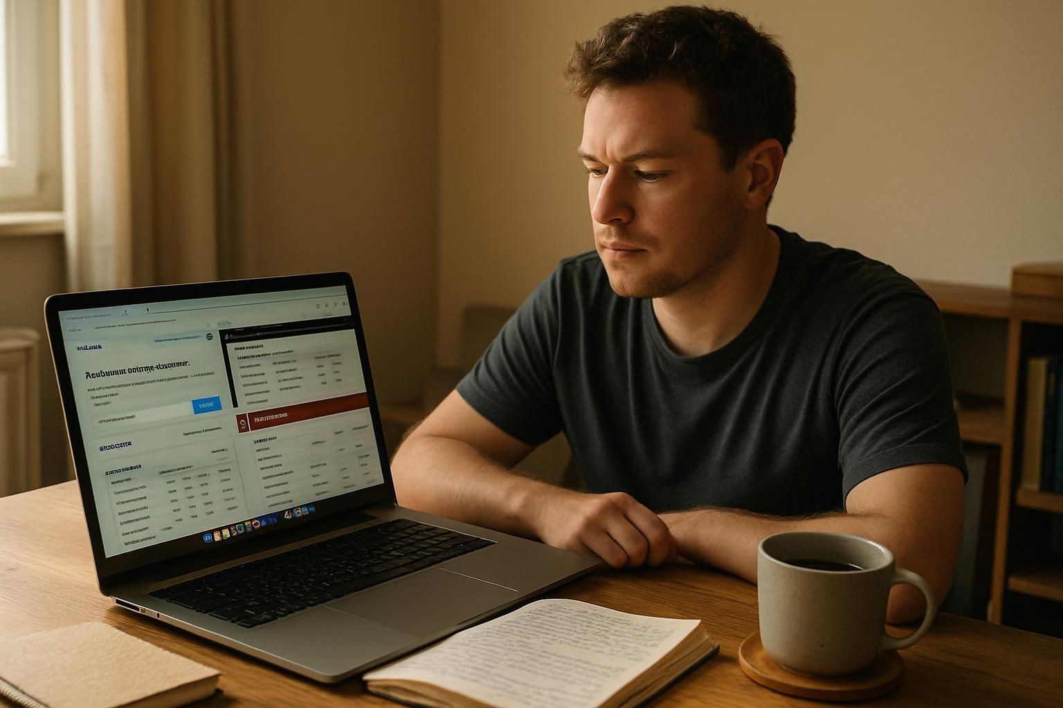 Man focused on laptop screen at a table with coffee mug and open book.