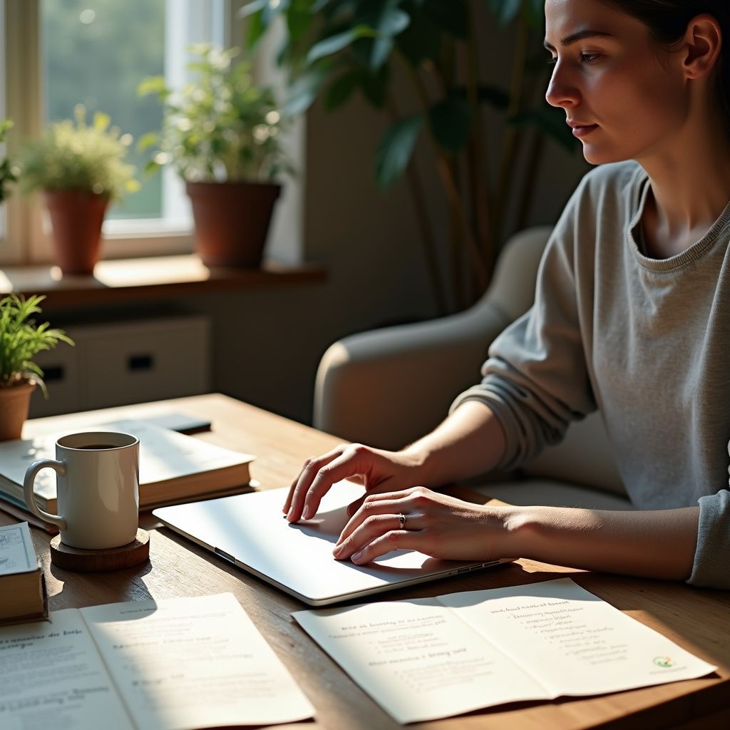 Woman typing on laptop at wooden desk, surrounded by plants, with coffee cup and papers.