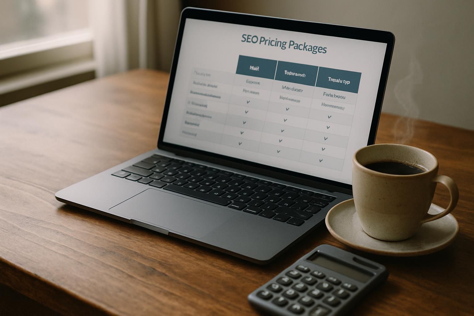 Laptop displaying SEO pricing packages, coffee cup, and calculator on a wooden desk.
