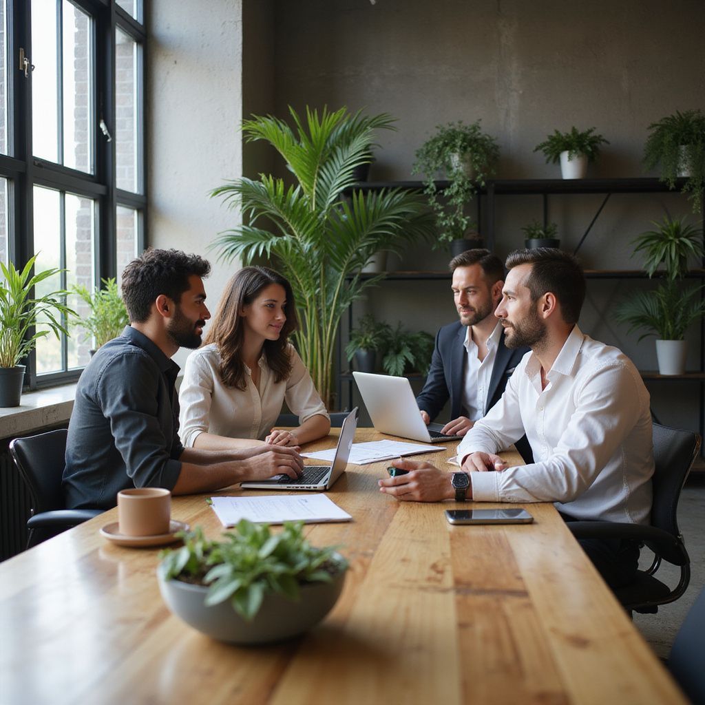 Four people in a meeting at a wooden table, discussing documents and a laptop in an office setting.