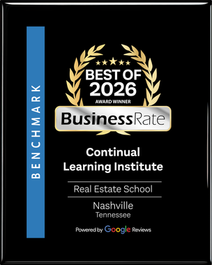 Black award plaque with gold laurel, “Best of 2026 BusinessRate,” Continual Learning Institute, Nashville, Tennessee