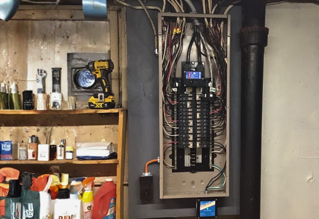 Open electrical breaker panel in a basement beside shelves of tools and supplies.