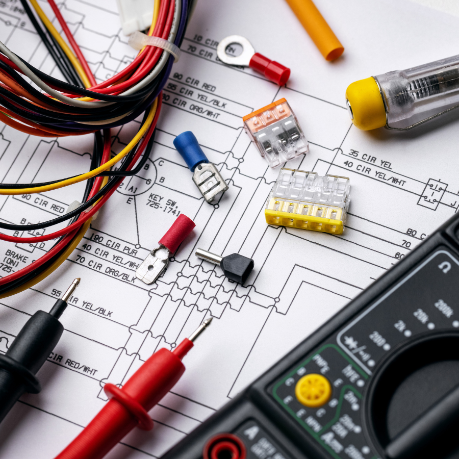 Electrical wires, connectors, and multimeter on a circuit schematic diagram.