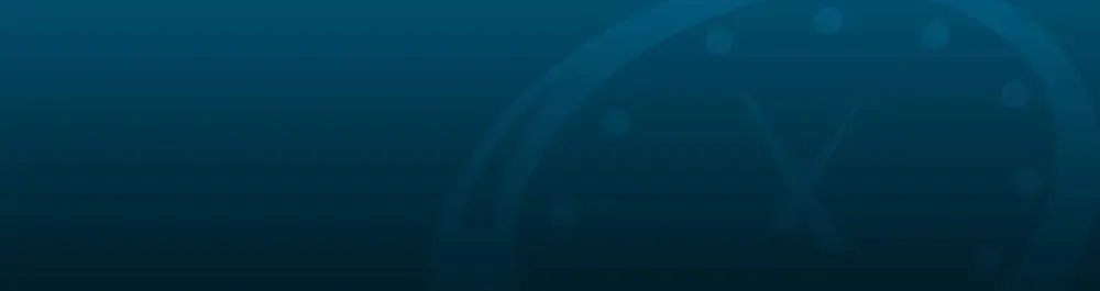 Abstract blue banner with faint clock face and a stylized X in the background