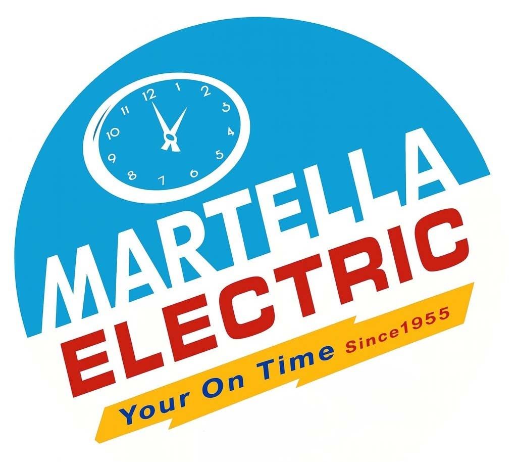 MARTELLA ELECTRIC logo with blue clock, white and red text, and yellow tagline “Your On Time Since 1955”