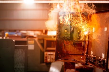 Electrical panel burning with flames and smoke in an industrial room