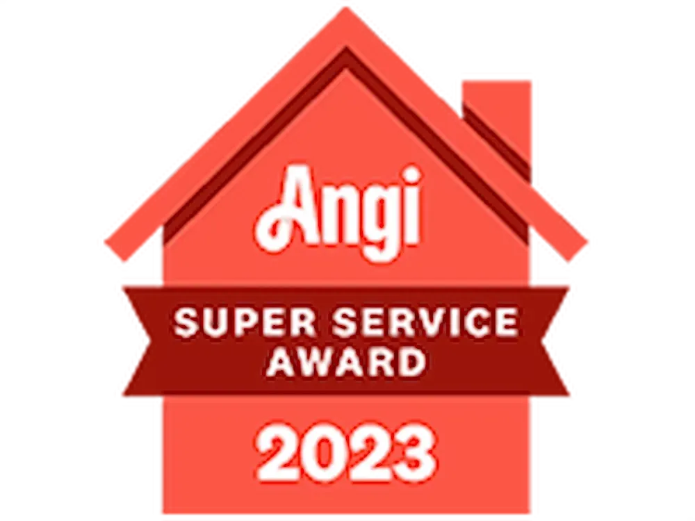 Angi Super Service Award 2023 red house-shaped badge logo