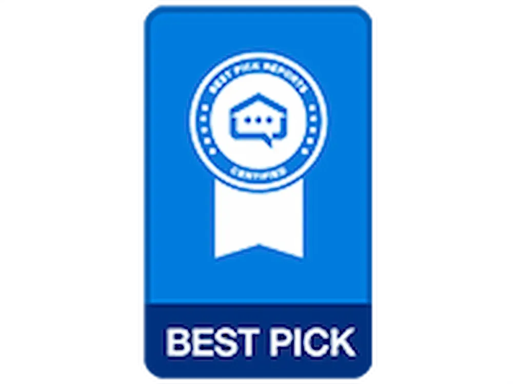 Blue “Best Pick” award badge with a white ribbon and circular house logo