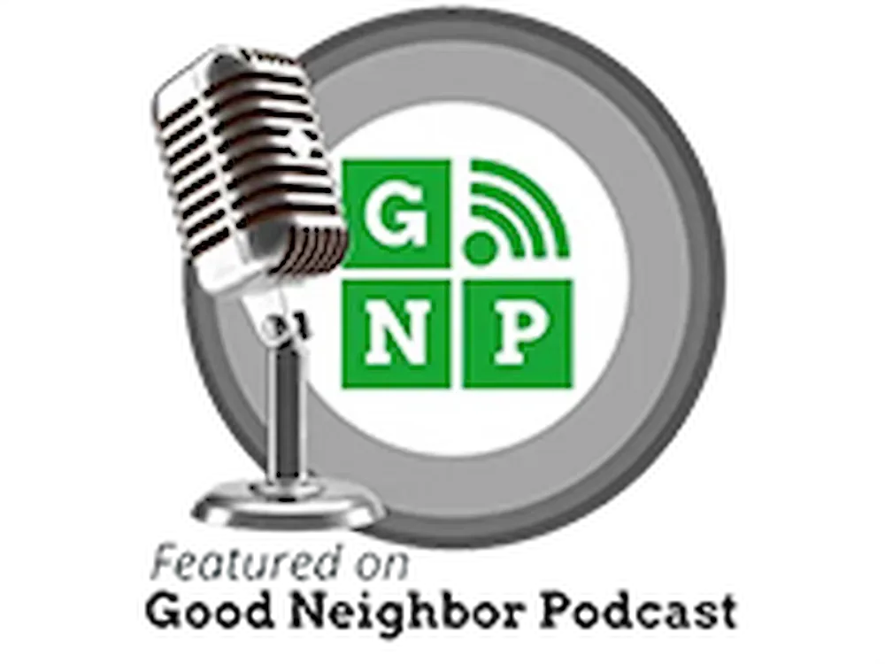 Good Neighbor Podcast logo with retro microphone and green GNP icons on gray circle background