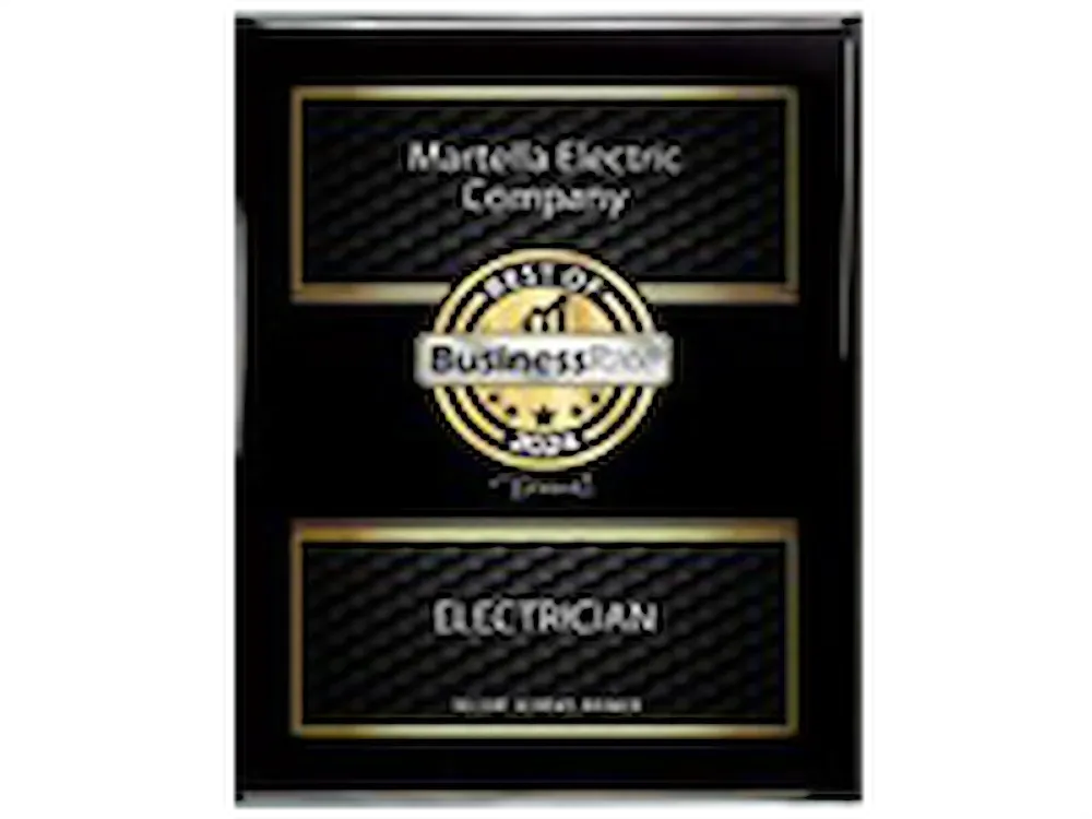 Black and gold business card for Martella Electric Company, with large "Electrician" text.