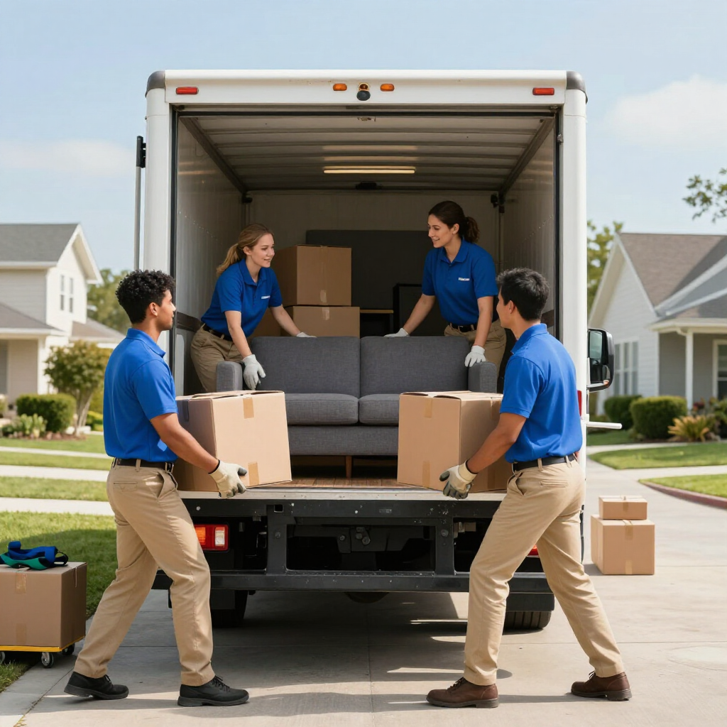 A moving team loading boxes and a sofa into a truck for an in-state move.