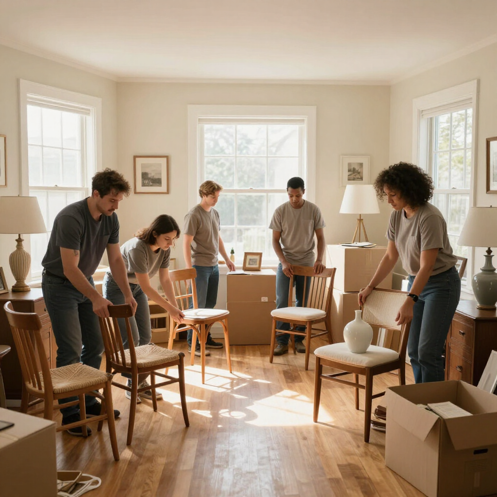 A crew sorting items during a respectful estate cleanout inside a home.
