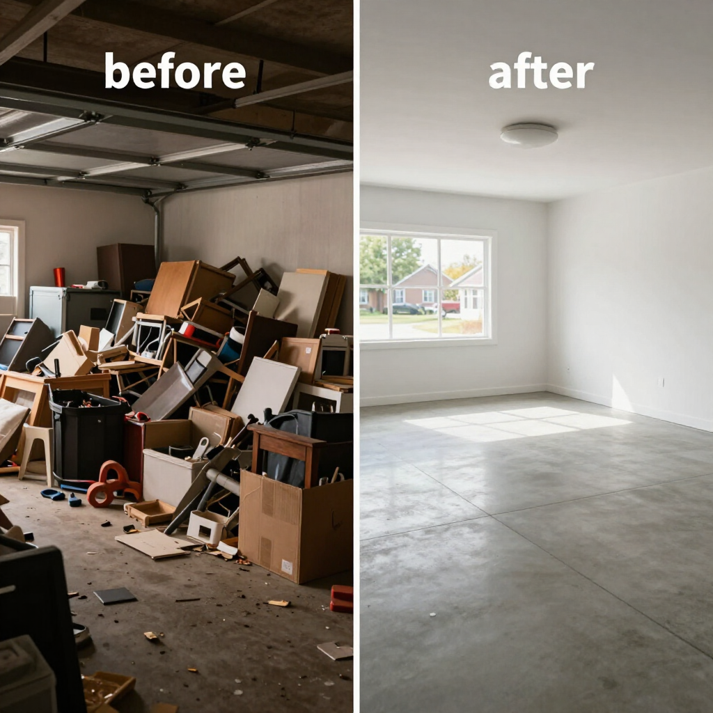 A cluttered garage transformed into a clean, open space after junk removal.