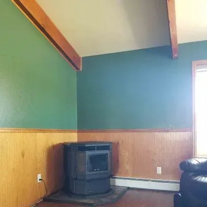 Small living room with green walls, wood paneling, a black stove, and exposed ceiling beams.