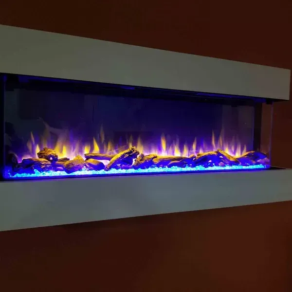 Modern wall-mounted electric fireplace with purple flames and blue glowing embers in a red room