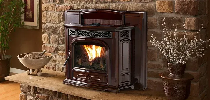 Cozy living room with brick fireplace, beige sofas, wooden coffee table, and open view to kitchen