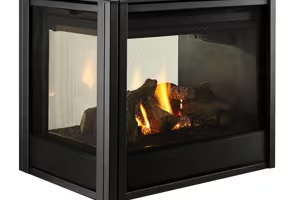 Corner glass fireplace with burning logs and visible flames