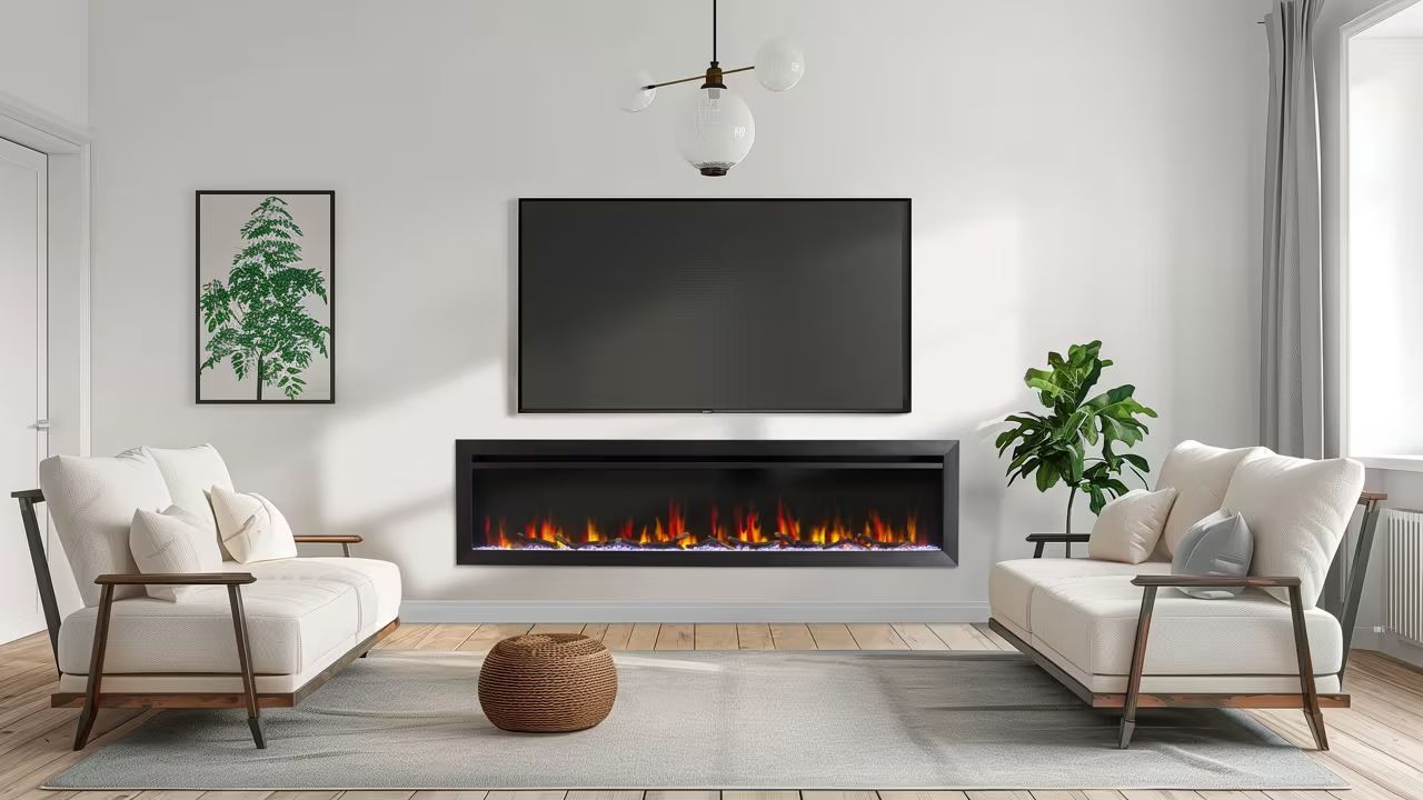 Modern living room with a lit fireplace, beige sofas, and bright pink accent pillows