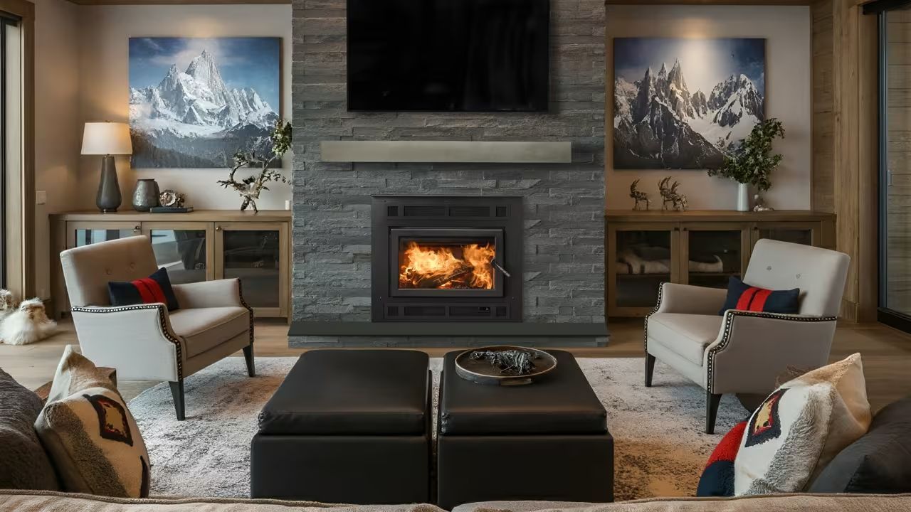 Modern living room with a fireplace, beige sofas, and bright pink and patterned cushions