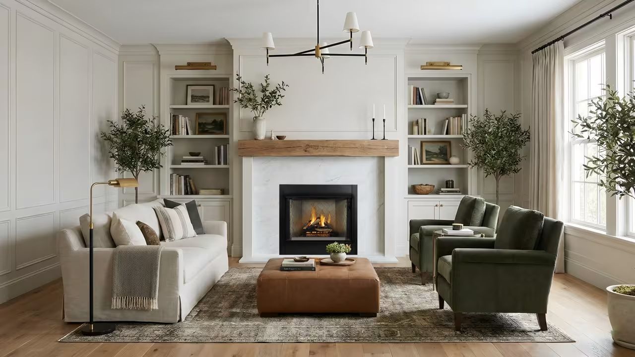 Modern bedroom with a bed, floor lamp, and wall-mounted fireplace beneath framed mirrors.