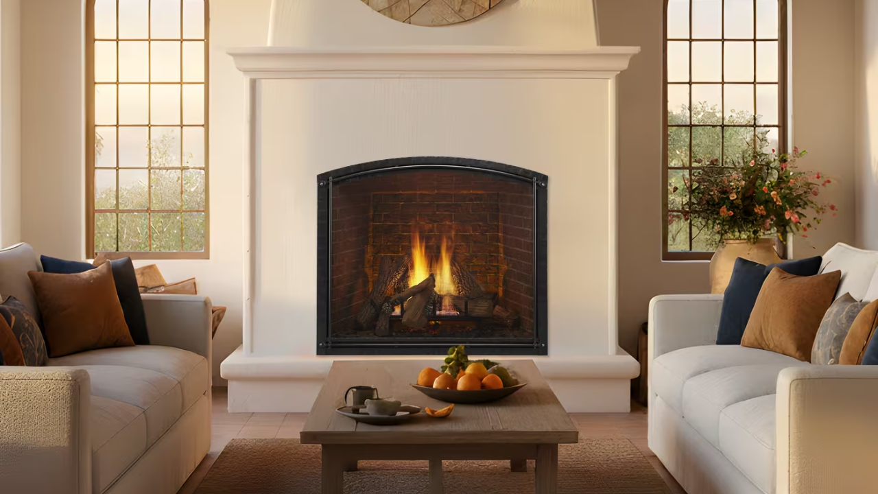 Cozy living room with fireplace, cream sofas, coffee table, and warm sunlight through windows
