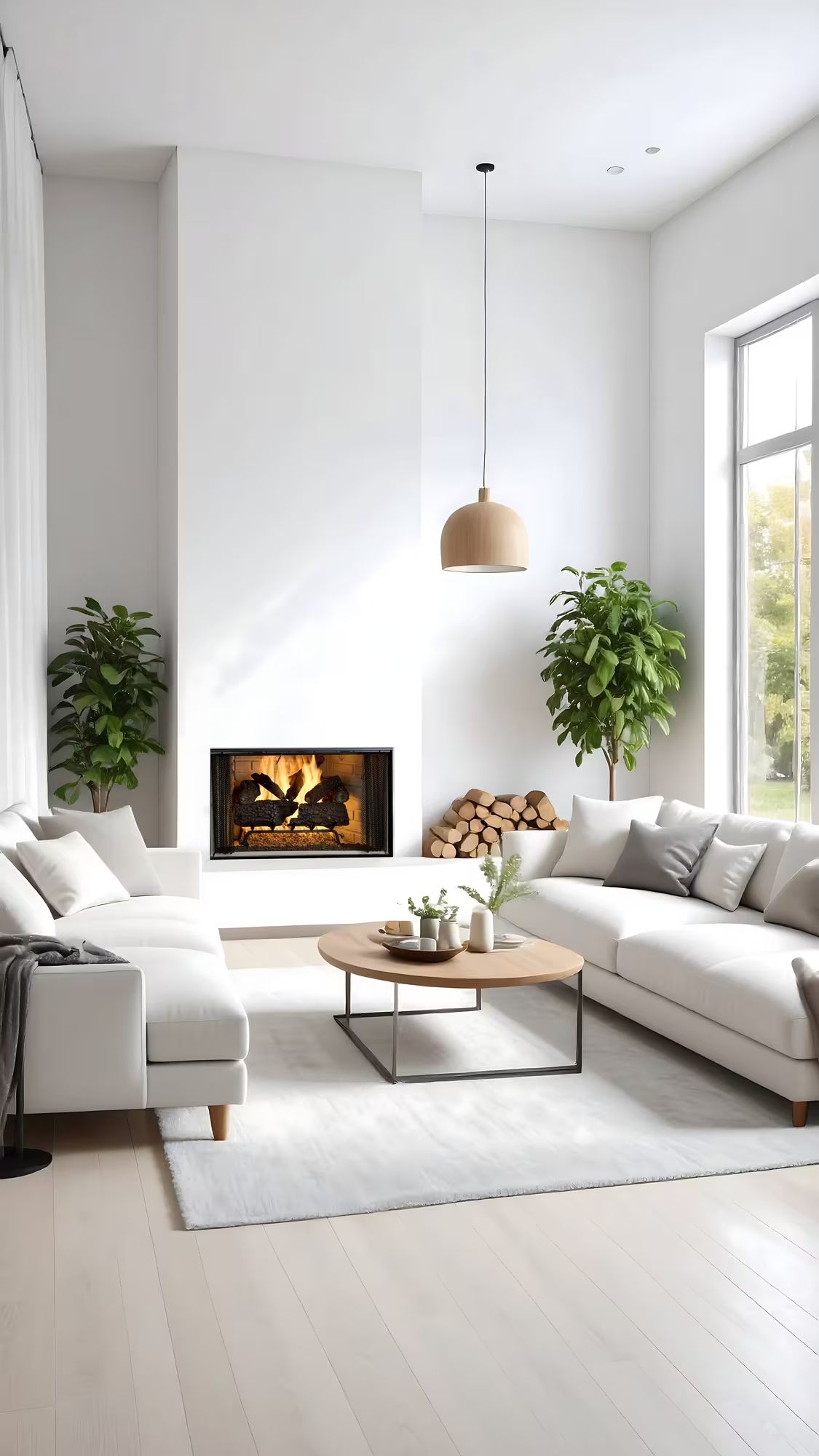 Cozy living room with lit fireplace, beige sofas, and a coffee table with fruit centerpiece.