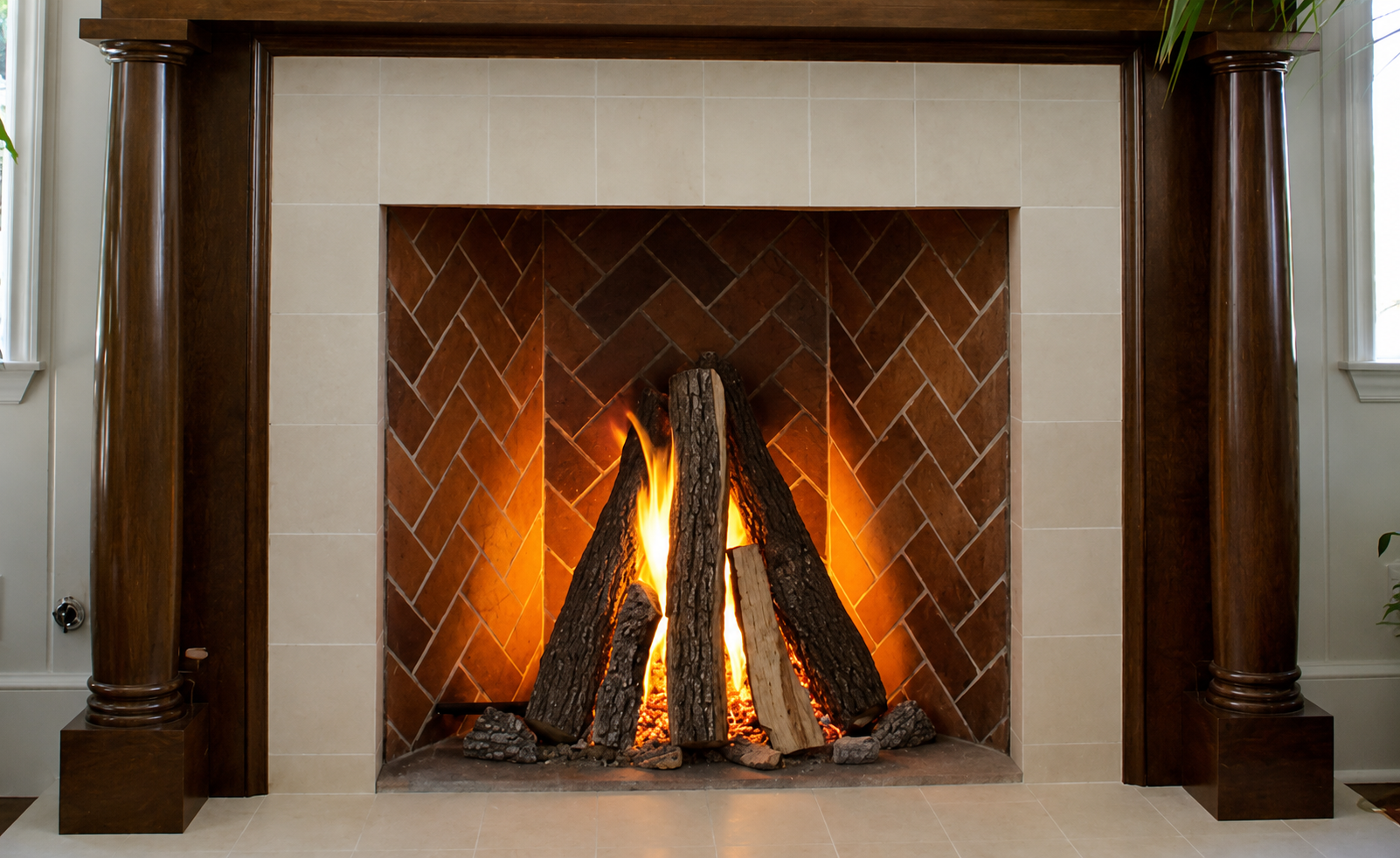 Woman reading beside a lit electric fireplace in a cozy living room