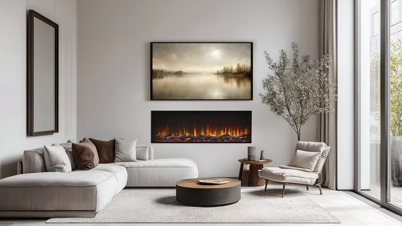 Woman reading by a lit electric fireplace in a cozy living room