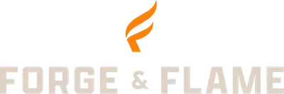 Forge & Flame logo with orange flame icon above gray text