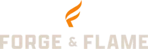 Forge & Flame logo with an orange stylized flame above gray text