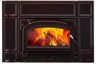 Black fireplace insert with visible orange flames behind a glass door