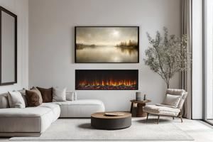 Modern living room with white sectional sofa, fireplace, landscape art, and a chair by large windows