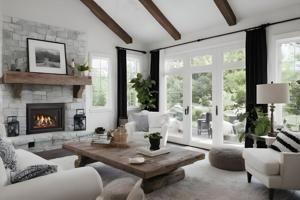 Bright modern living room with fireplace, white sofas, wood coffee table, and large windows