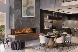 Modern dining room with fireplace, round table, and neutral-toned chairs in a sleek open interior
