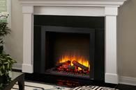 Modern white fireplace with black firebox and a glowing electric fire in a living room.