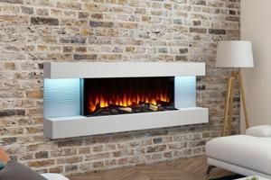 Modern wall-mounted electric fireplace with flames on a brick wall in a living room