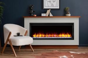 Modern living room with white armchair and fireplace glowing with flames