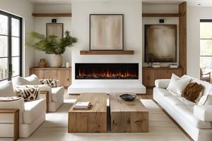 Modern living room with white sofas, wooden coffee table, and a fireplace between shelves.