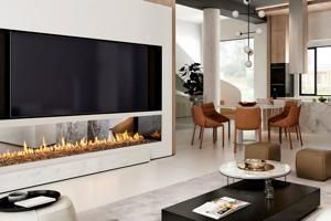 Modern living room with a wall-mounted TV, linear fireplace, and neutral furniture around a coffee table
