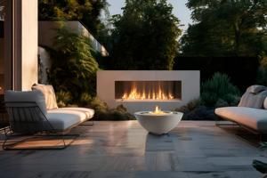 Modern patio with lounge chairs and a white fire bowl in front of a lit outdoor fireplace at dusk