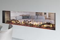 Modern living room with a long wall-mounted fireplace and warm ambient lighting