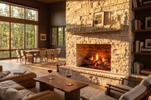 Cozy living room with stone fireplace, lit fire, large windows, and dining table by the window