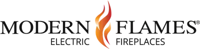 Modern Flames Electric Fireplaces logo with black text and a red-orange flame icon