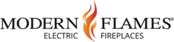 Modern Flames Electric Fireplaces logo in black and orange with a flame icon