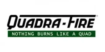 Quadra-Fire logo with slogan “Nothing Burns Like a Quad” on a green banner