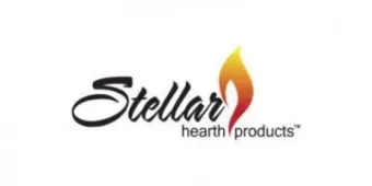 Stellar Hearth Products logo with black text and a yellow-orange flame icon.