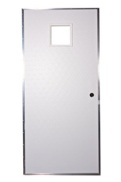 White, rectangular door with small square window and silver frame.