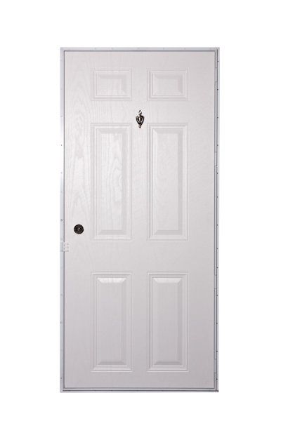 White six-panel door with black door knocker and handle.