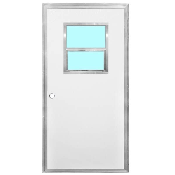 White door with a rectangular window, surrounded by a metal frame. The window has a light blue background.