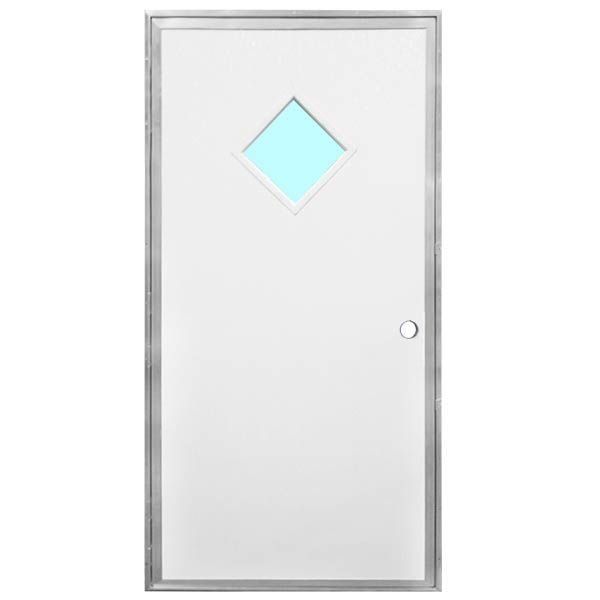 White door with diamond-shaped window, set in a metal frame.